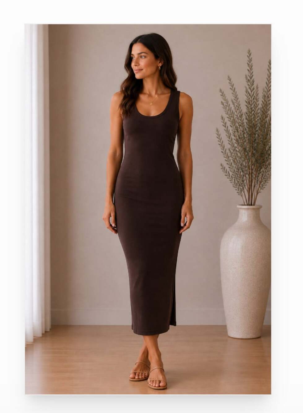 Banana Republic Dress Womens XL Brown Ribbed Knit Tank Scoop Neck Midi Casual